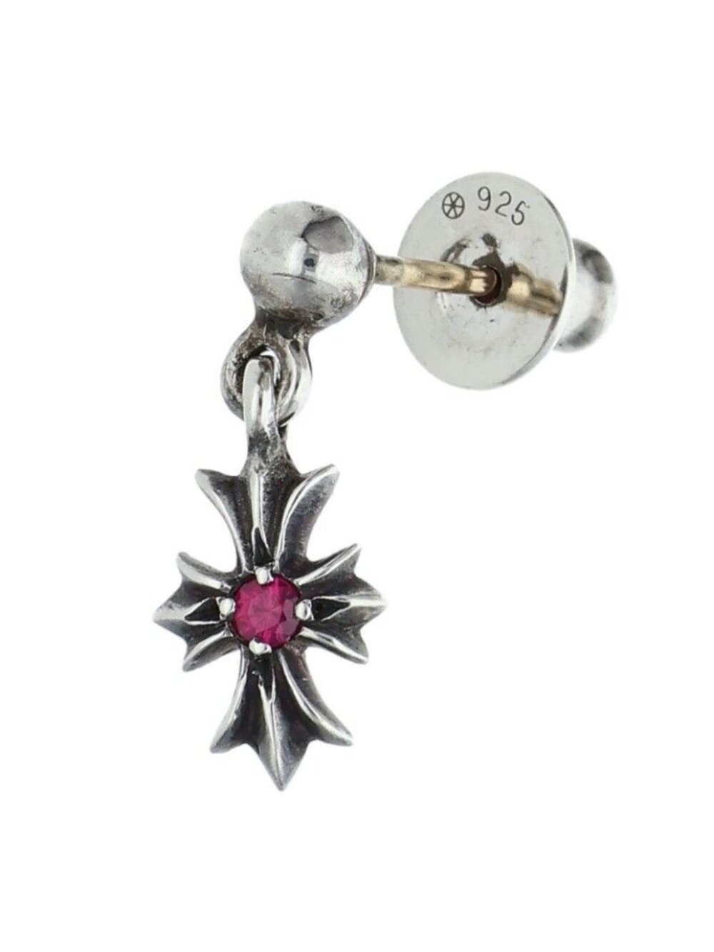 Chrome Hearts Tiny CH Plus 1 Rby Drop 1 Ruby Silver Earrings